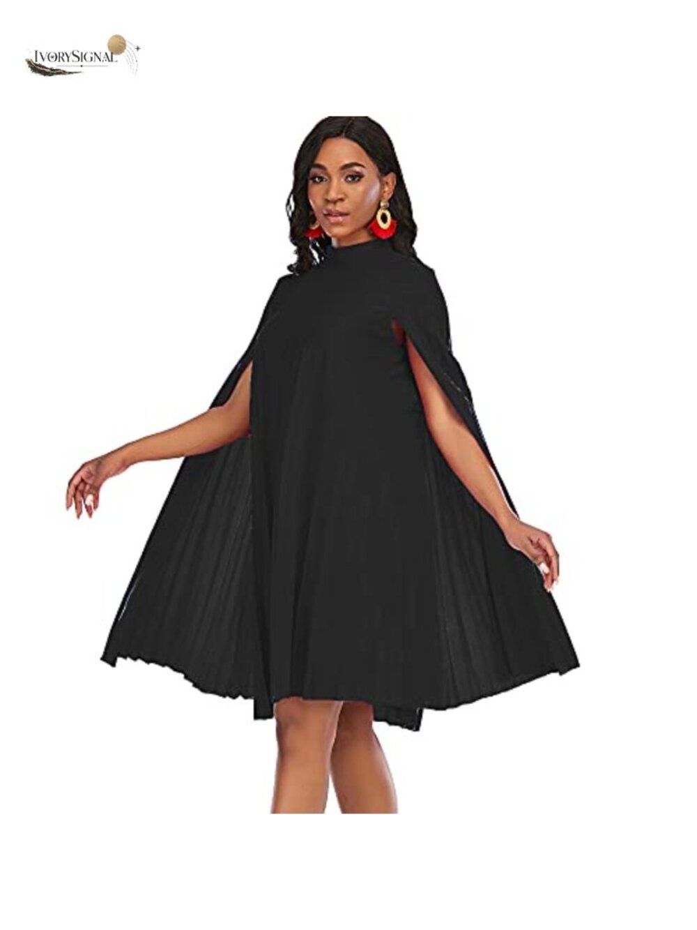Women's Stand Collar Pleated Cape Sleeve Loose Knee Length Dress Plus Size